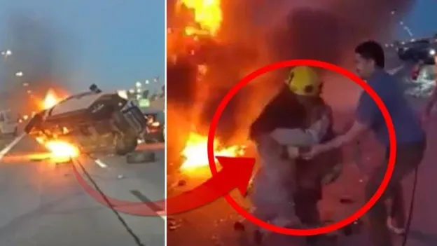 Woman Rescued from Burning Car in Arizona